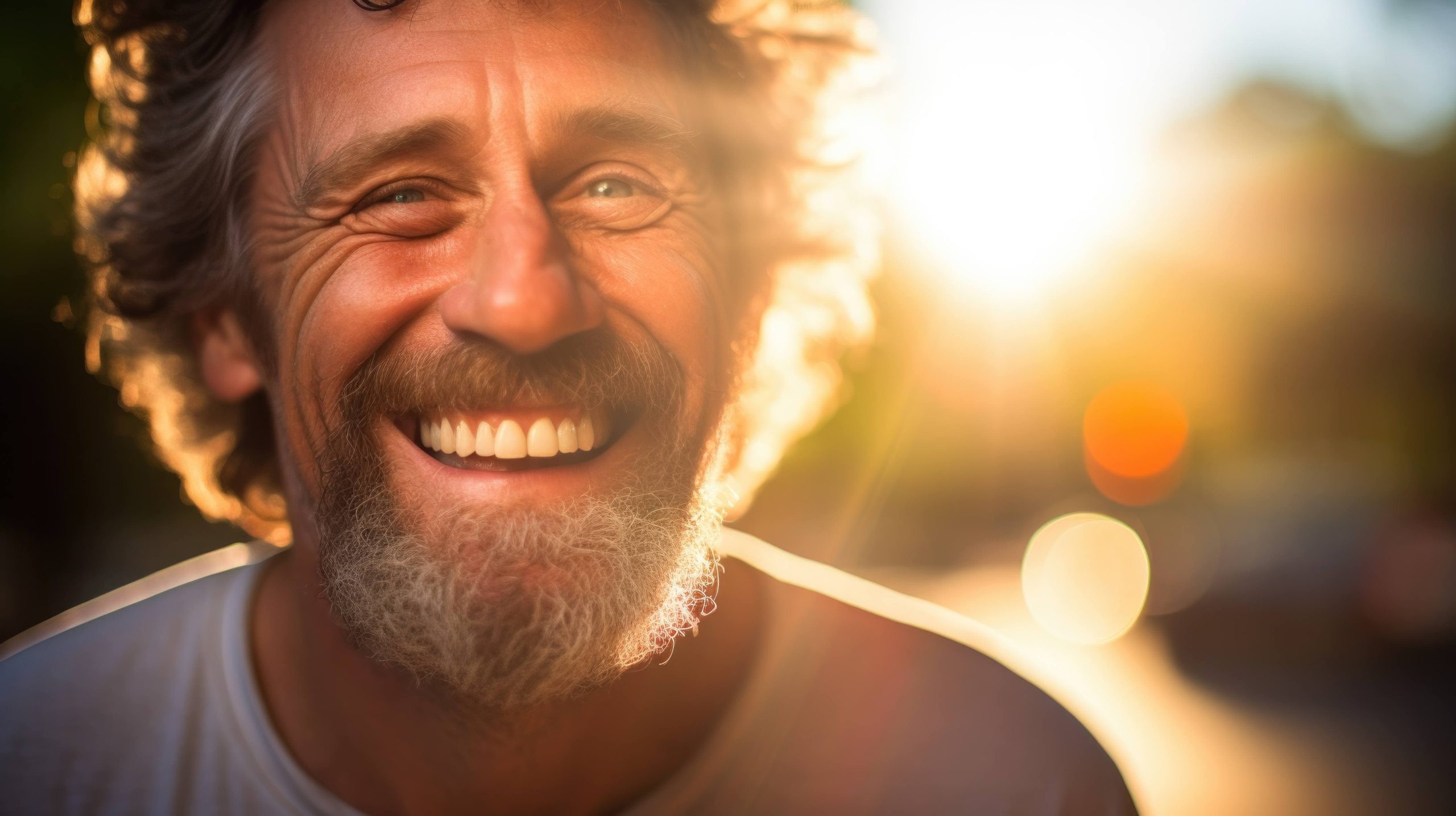 a middle aged man with a beard is smiling at the camera with a sunset in the bac en9bakog